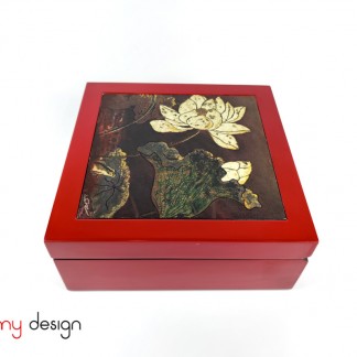 Red square lacquer box attached with lotus lacquer painting 25xH10 cm